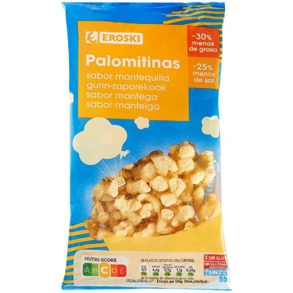Palomitinas de maíz sabor mantequilla EROSKI, bolsa 55 g - 0.06 kg - Imagen del producto en Findit