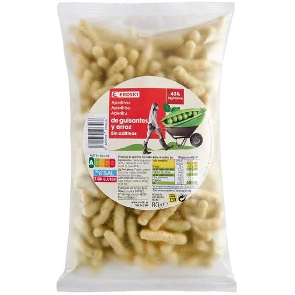 Snack de guisantes y arroz EROSKI, bolsa 80 g - 1 ud - Imagen del producto en Findit
