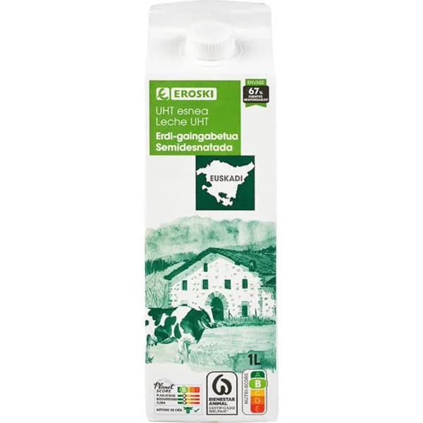 Leche semidesnatada del PaÍs Vasco EROSKI, brik 1 litro - 1 l - Imagen del producto en Findit