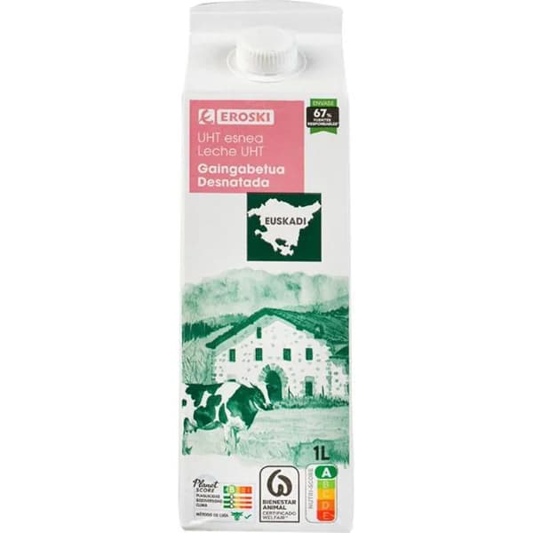 Leche desnatada del País Vasco EROSKI, brik 1 litro - 1 l - Imagen del producto en Findit