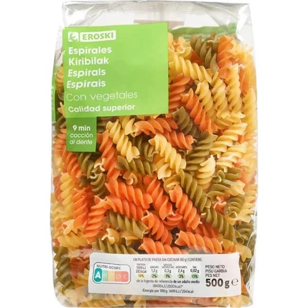 Espirales con vegetales EROSKI, paquete 500 g - 0.5 kg - Imagen del producto en Findit