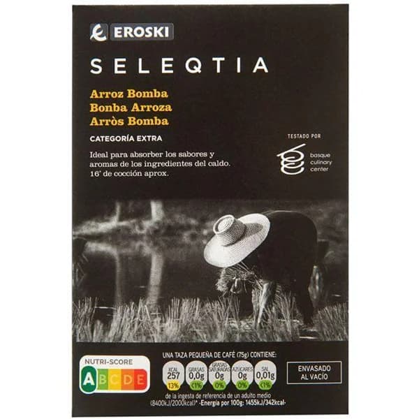 Arroz bomba EROSKI SELEQTIA, caja 500 g - 0.5 kg - Imagen del producto en Findit