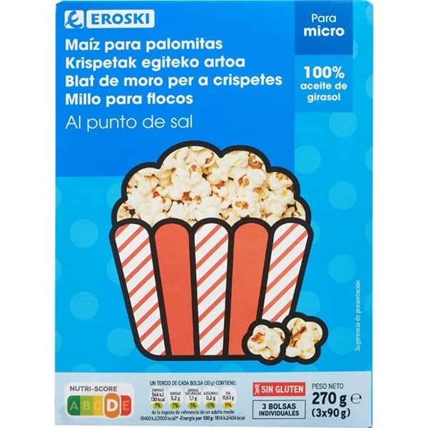 Palomitas para microondas con sal EROSKI, pack 3x90 g - 0.27 kg - Imagen del producto en Findit