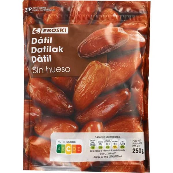 Dátil sin hueso EROSKI, bolsa 250 g - 0.25 kg - Imagen del producto en Findit