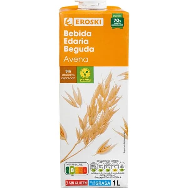 Bebida de avena EROSKI, brik 1 litro - 1 l - Imagen del producto en Findit