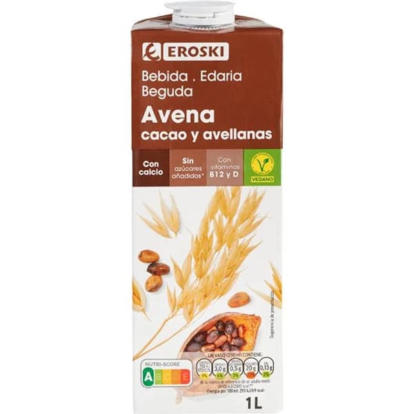 Bebida de avena, choco y avellana c/ calcio EROSKI, brik 1 litro - 1 l - Imagen del producto en Findit