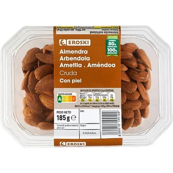 Almendra cruda con piel EROSKI, tarrina 185 g - 0.18 kg - Imagen del producto en Findit