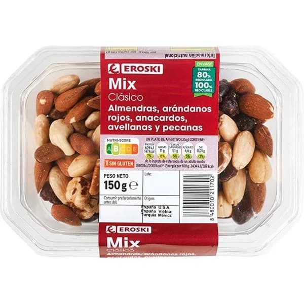 Mix frutos secos clásico EROSKI, tarrina 200 g - 0.2 kg - Imagen del producto en Findit