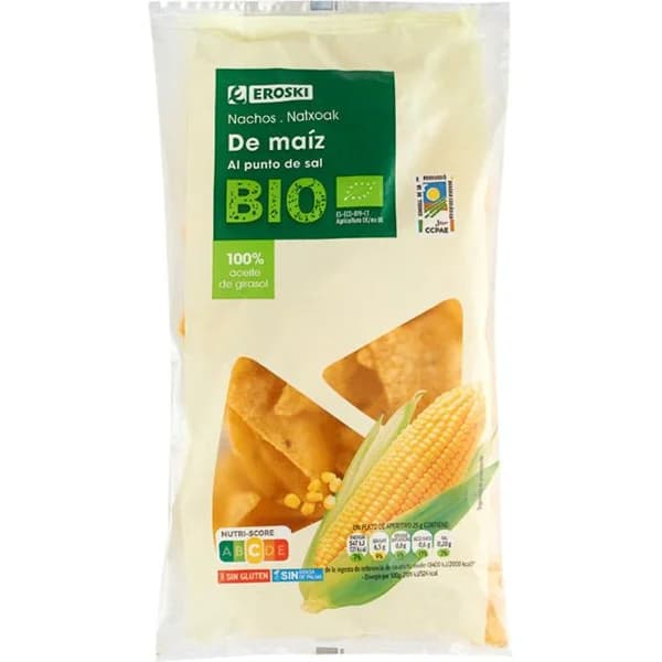 Nacho de maíz ecológico EROSKI, bolsa 125 g - 0.12 kg - Imagen del producto en Findit