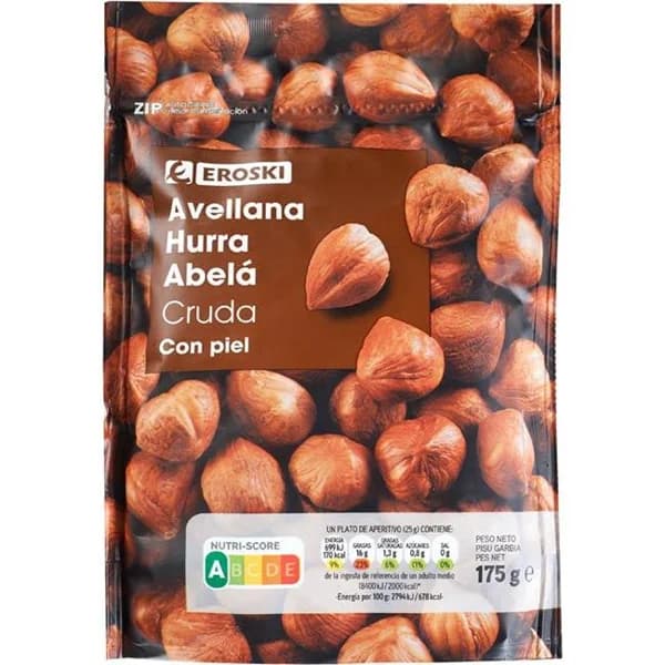 Avellana cruda con piel EROSKI, bolsa 175 g - 0.18 kg - Imagen del producto en Findit