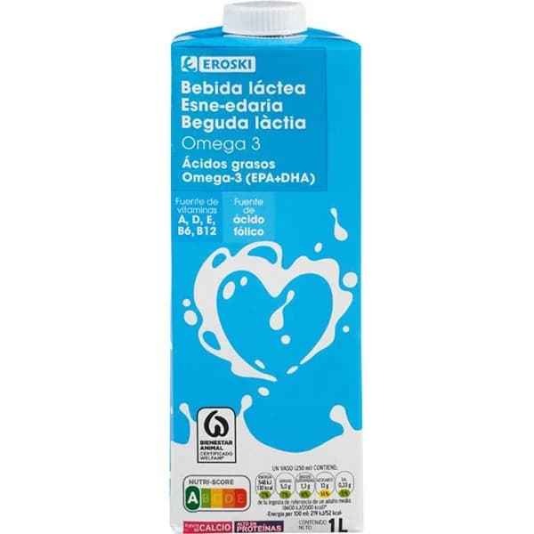 Bebida láctea omega3 EROSKI, brik 1 litro - 1 l - Imagen del producto en Findit