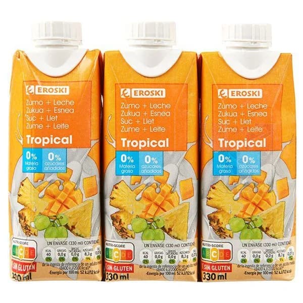 Lactozumo tropical EROSKI, pack 3x330 ml - 0.99 l - Imagen del producto en Findit