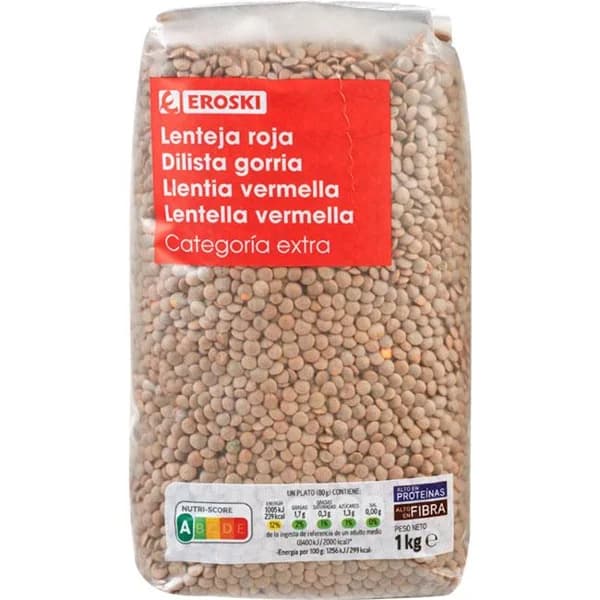 Lenteja roja variedad crimson EROSKI, paquete 1 kg - 1 kg - Imagen del producto en Findit