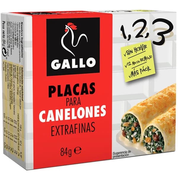 Placas para canelones extrafinas 1,2,3 GALLO, caja 84 g - 0.08 kg - Imagen del producto en Findit