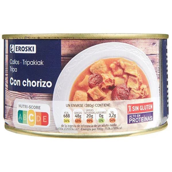 Callos con chorizo EROSKI, lata 380 g - 0.38 kg - Imagen del producto en Findit