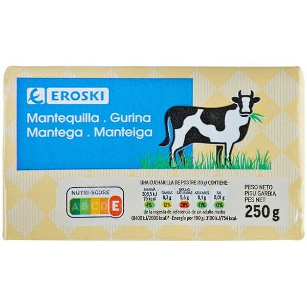 Mantequilla EROSKI, pastilla 250 g - 0.25 kg - Imagen del producto en Findit