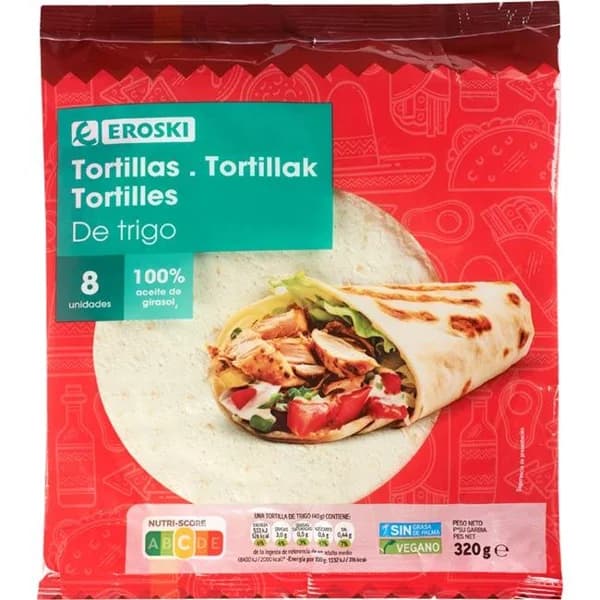 Tortillas de trigo EROSKI, paquete 320 g - 0.32 kg - Imagen del producto en Findit