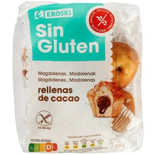 Magdalena rellena de chocolate sin gluten EROSKI, bolsa 220 g - 0.22 kg - Imagen del producto en Findit