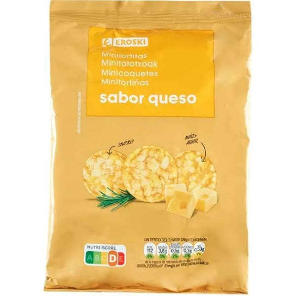 Mini tortita de maíz sabor queso EROSKI, bolsa 75 g - 0.08 kg - Imagen del producto en Findit