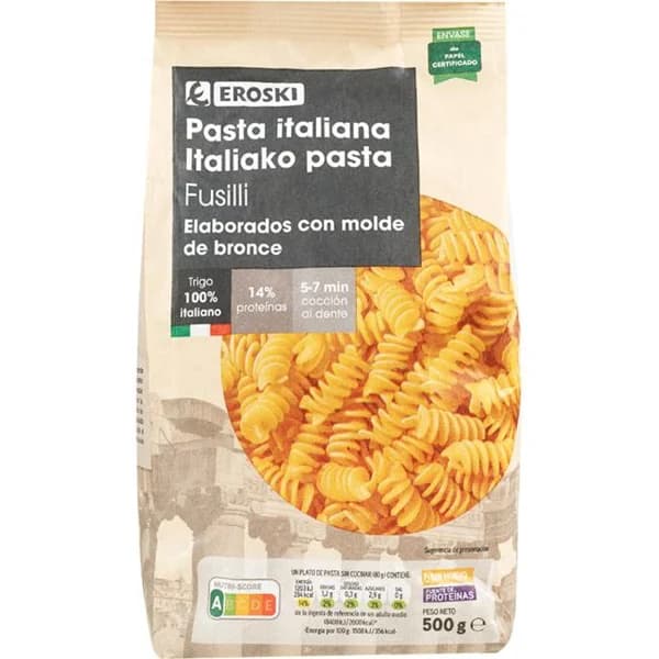 Fusilli Italia EROSKI, paquete 500 g - 0.5 kg - Imagen del producto en Findit