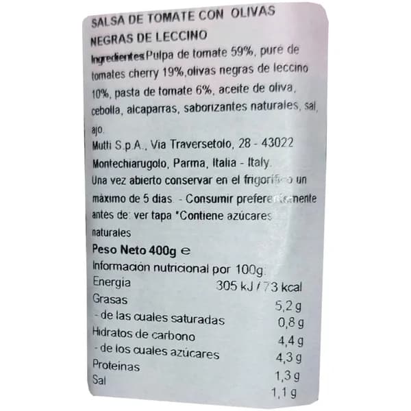 Salsa de tomate con olivas MUTTI, frasco 400 g - 0.4 kg - Imagen del producto en Findit