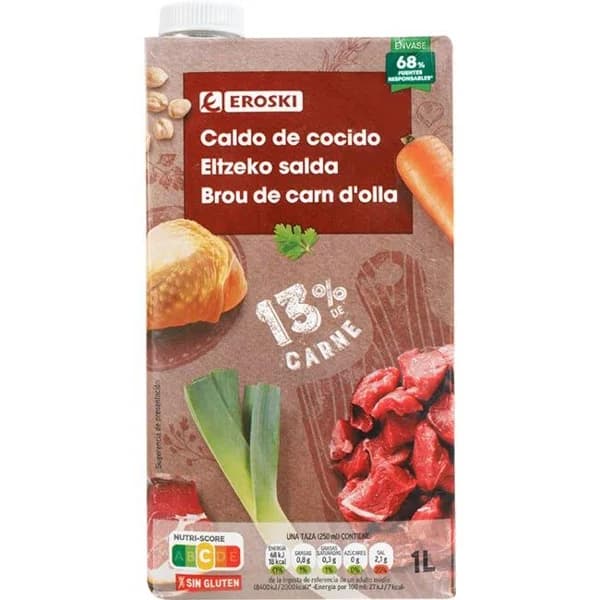Caldo 13% de cocido EROSKI, brik 1 litro - 1 l - Imagen del producto en Findit