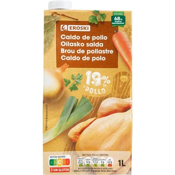 Caldo 19 % de pollo EROSKI, brik 1 litro - 1 l - Imagen del producto en Findit