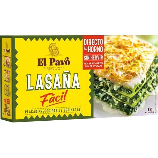 Lasaña fácil con espinacas EL PAVO, 18 placas, caja 200 g - 0.2 kg - Imagen del producto en Findit