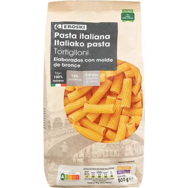 Tortiglioni Italia EROSKI, paquete 500 g - 0.5 kg - Imagen del producto en Findit