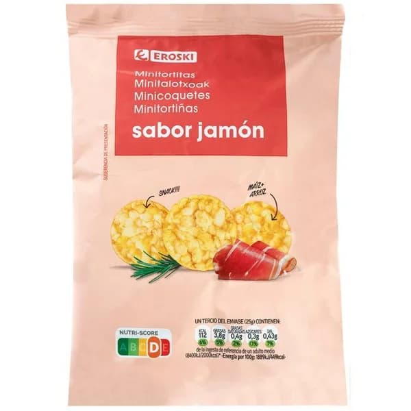 Mini tortita de maíz sabor jamón EROSKI, bolsa 75 g - 0.08 kg - Imagen del producto en Findit