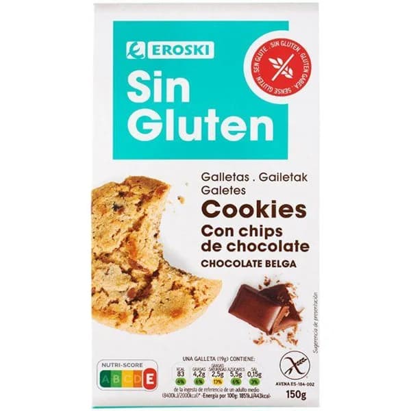 Cookies con pepitas choco sin gluten EROSKI, paquete 150 g - 0.15 kg - Imagen del producto en Findit