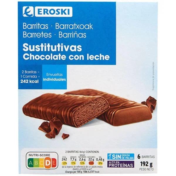 Barrita de chocolate con leche EROSKI, caja 192 g - 0.19 kg - Imagen del producto en Findit