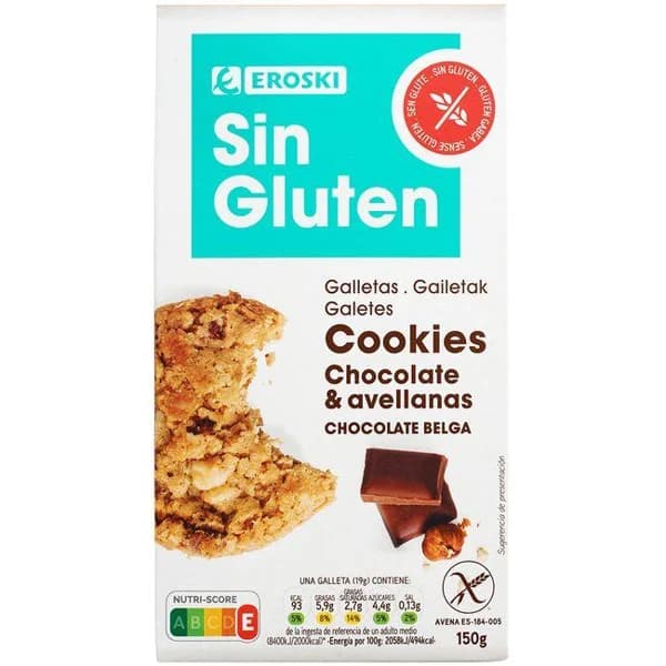 Cookies de choco c/ leche-avell. s/ gluten EROSKI, paquete 150 g - 0.15 kg - Imagen del producto en Findit