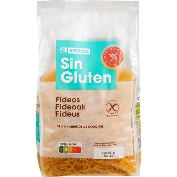 Fideos sin gluten EROSKI, paquete 500 g - 0.5 kg - Imagen del producto en Findit