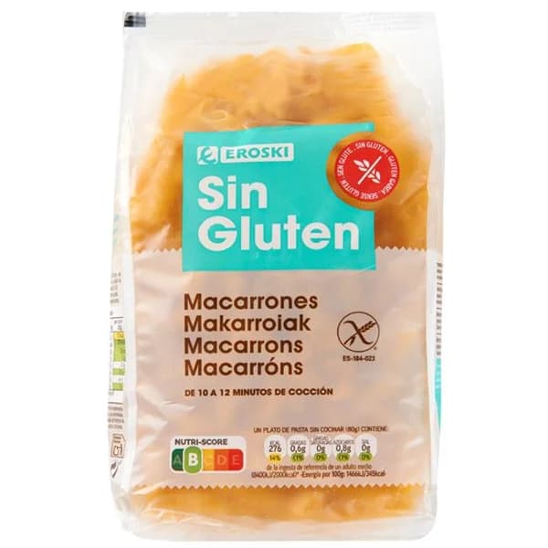 Macarrones sin gluten EROSKI, paquete 500 g - 0.5 kg - Imagen del producto en Findit