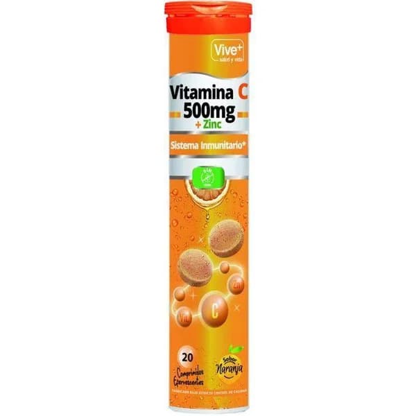 Vitamina C efervescente 500 mg VIVE+, bote 20 comprimidos - 20 ud - Imagen del producto en Findit
