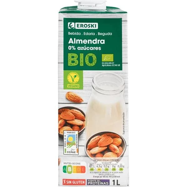 Bebida de almendra EROSKI BIO, brik 1 litro - 1 l - Imagen del producto en Findit