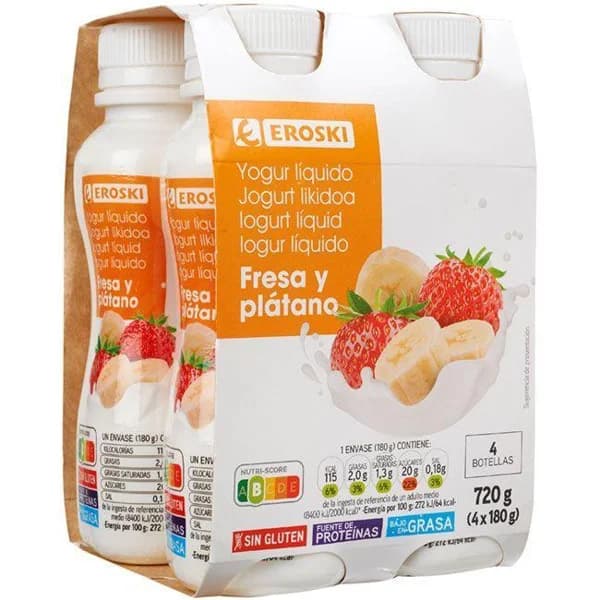 Yogur líquido sabor fresa-plátano EROSKI, pack 4x180 g - 0.72 kg - Imagen del producto en Findit