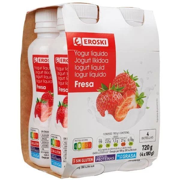 Yogur líquido sabor fresa EROSKI, pack 4x180 g - 1 ud - Imagen del producto en Findit
