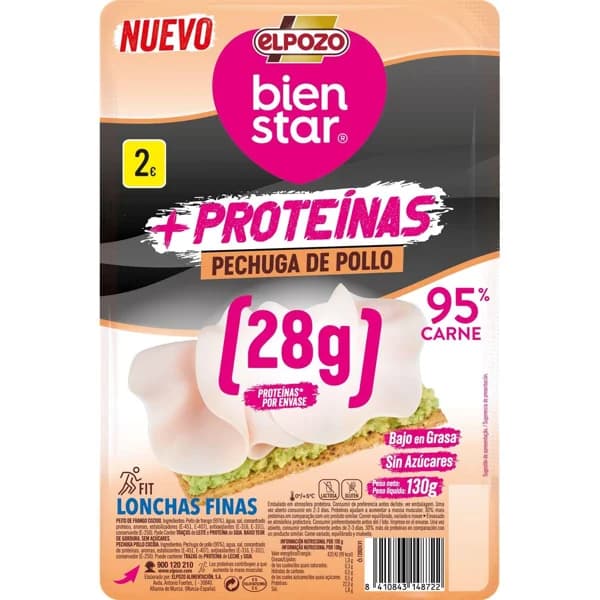 Pechuga pollo +proteinas ELPOZO, lonchas finas, bandeja 130 g - 0.13 kg - Imagen del producto en Findit