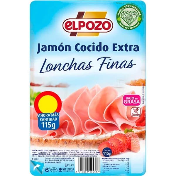 Jamón cocido ELPOZO, lonchas finas, bandeja 115 g - 0.12 kg - Imagen del producto en Findit