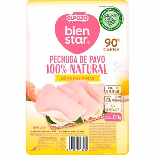 Pechuga de pavo 100% natural ELPOZO BIENESTAR, bandeja 130 g - 0.12 kg - Imagen del producto en Findit
