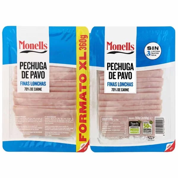 Pechuga de pavo lonchas finas MONELLS, pack 2x180 g - 0.36 kg - Imagen del producto en Findit