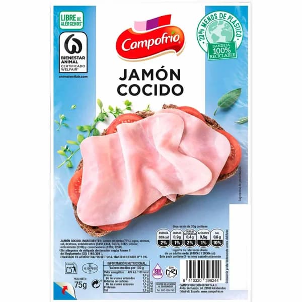 Jamón cocido CAMPOFRIO, bandeja 75 g - 0.08 kg - Imagen del producto en Findit