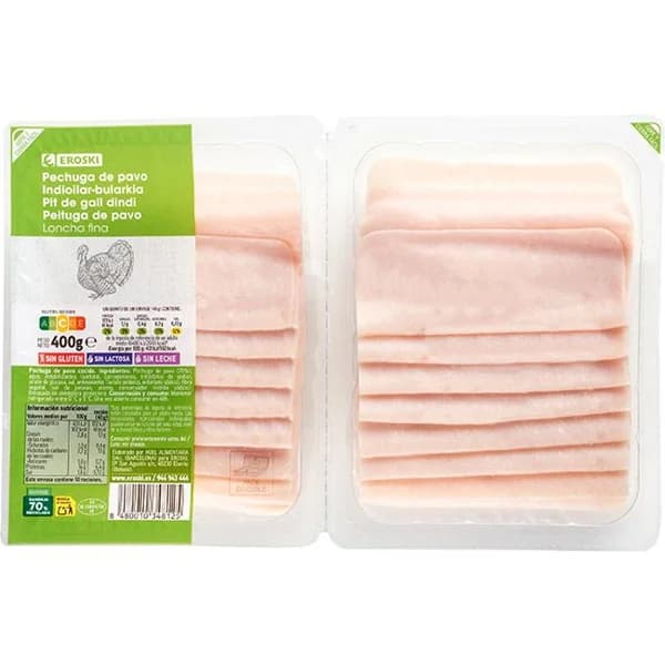 Pechuga de pavo EROSKI, pack 2x200 g - 0.4 kg - Imagen del producto en Findit