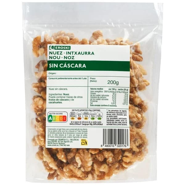 Nuez sin cáscara EROSKI, bolsa 200 g - 0.2 kg - Imagen del producto en Findit