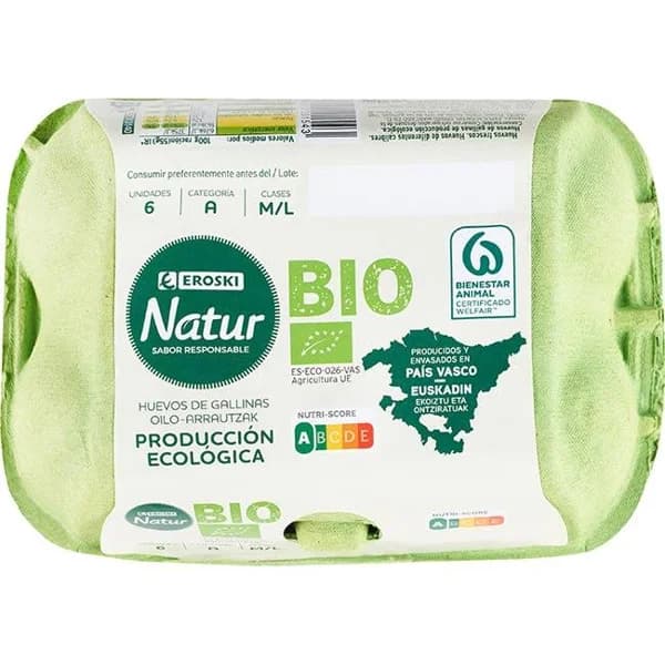 Huevo fresco del País Vasco EROSKI NATUR BIO, cartón 6 uds - 6 ud - Imagen del producto en Findit
