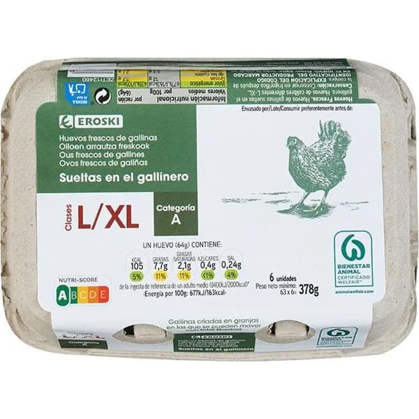 Huevo fresco suelo L/XL EROSKI, cartón 6 uds - 6 ud - Imagen del producto en Findit