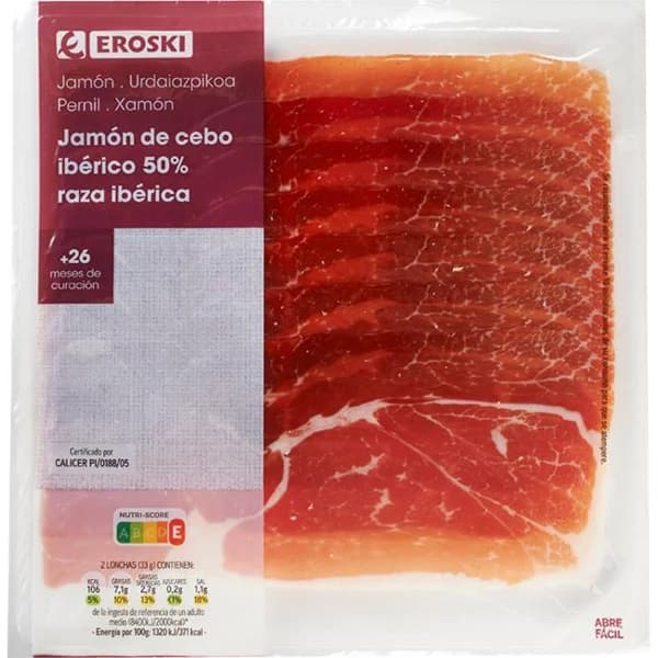 Jamón de cebo ibérico 50% raza ibérica EROSKI, sobre 100 g - 0.1 kg - Imagen del producto en Findit