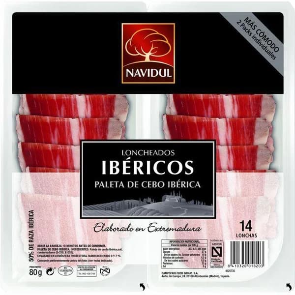 Paleta ibérica de cebo 50% raza ibérica NAVIDUL, pack 2x40 g - 0.08 kg - Imagen del producto en Findit